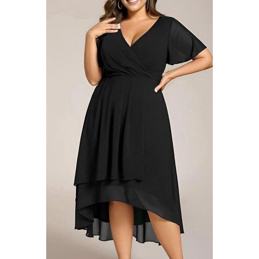 Ever-Pretty Sz 16 Women’s Black Chiffon V-Neck Flutter Sleeve A-Line Midi Dress